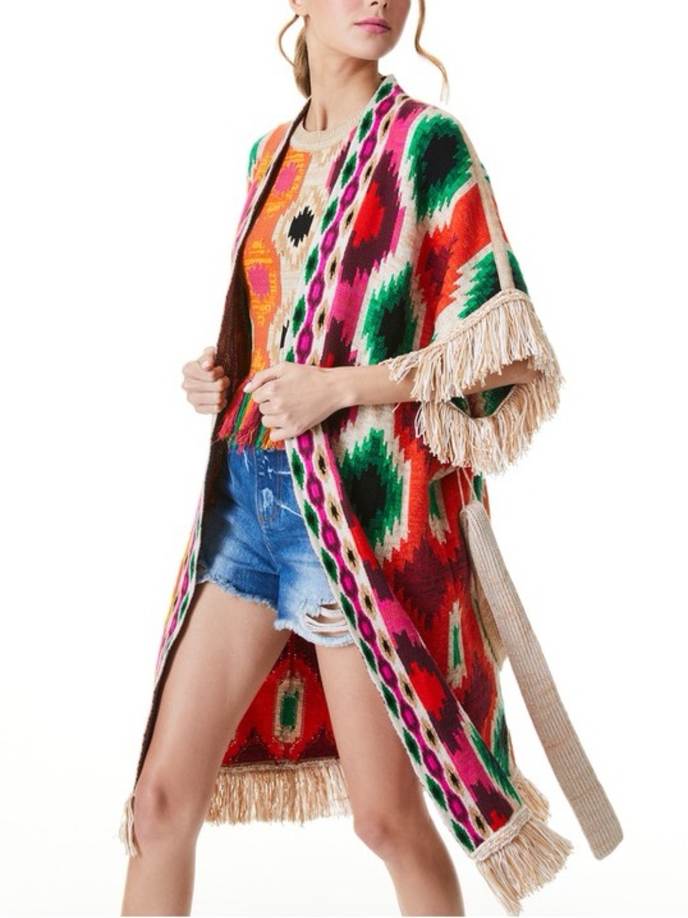 Alice + Olivia Maibella Belted Fringe Wool long Cardigan Sweater Vest Sz S
